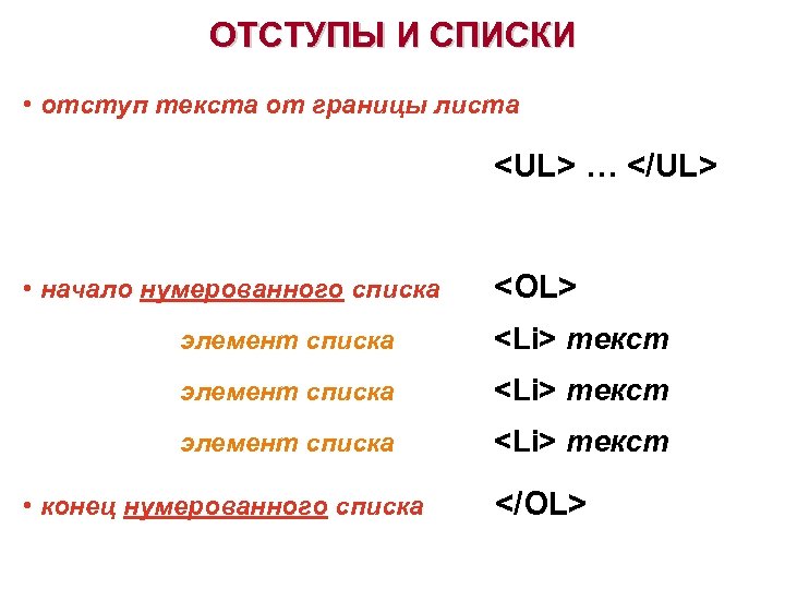 ОТСТУПЫ И СПИСКИ • отступ текста от границы листа <UL> … </UL> • начало