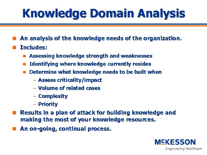 Knowledge Domain Analysis n An analysis of the knowledge needs of the organization. n