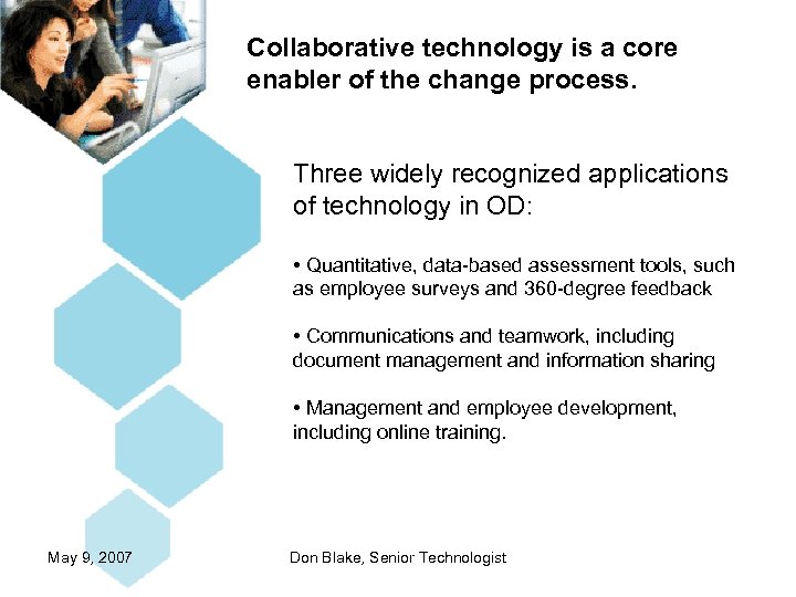 Collaborative technology is a core enabler of the change process. Three widely recognized applications