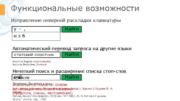 Функциональные возможности Исправление неверной раскладки клавиатуры y ‘ , нэб Найти Автоматический перевод запроса