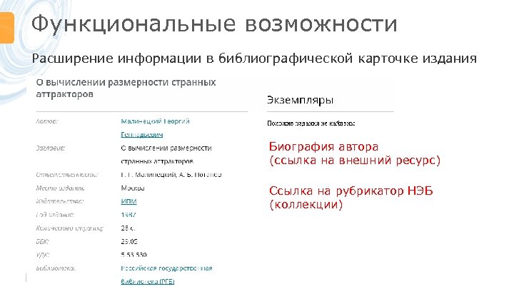 Функциональные возможности Расширение информации в библиографической карточке издания Биография автора (ссылка на внешний ресурс)