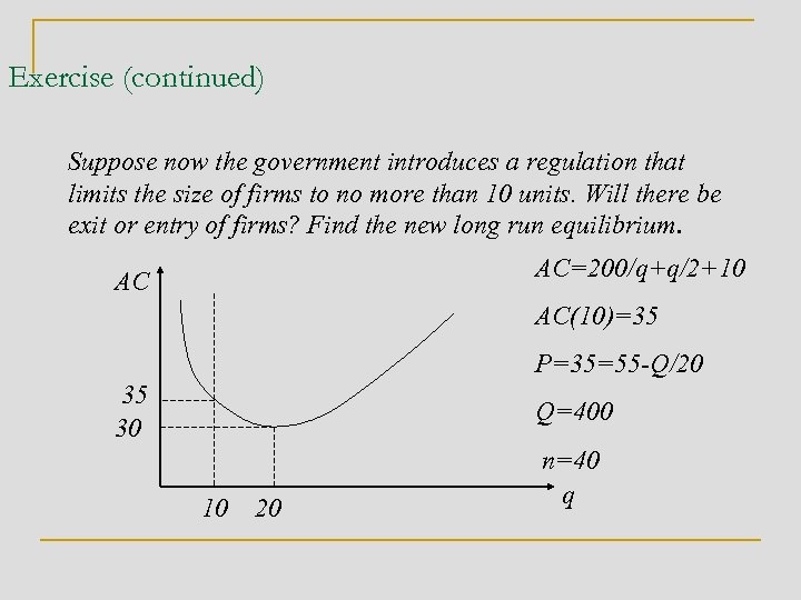 Exercise (continued) Suppose now the government introduces a regulation that limits the size of