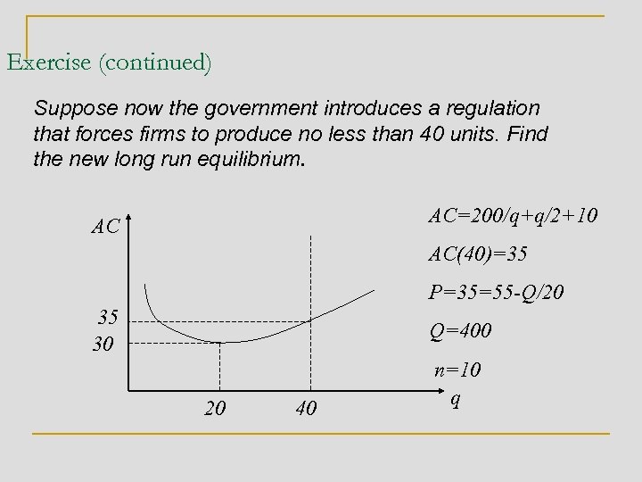 Exercise (continued) Suppose now the government introduces a regulation that forces firms to produce