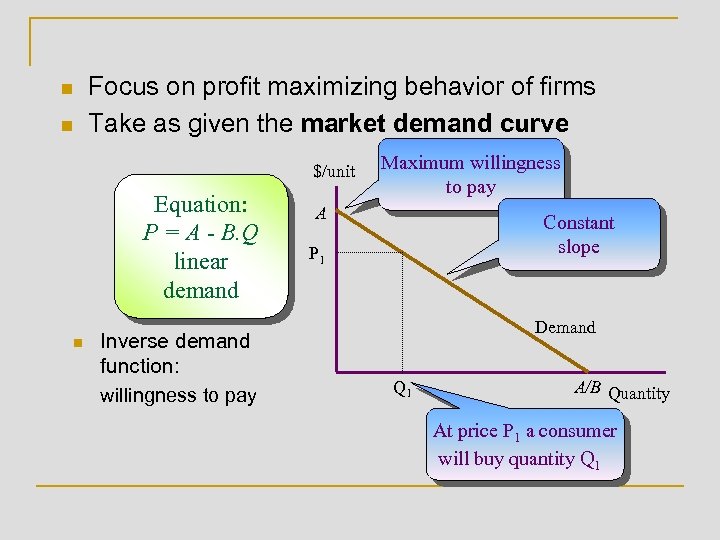 n n Focus on profit maximizing behavior of firms Take as given the market