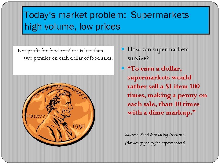 Today’s market problem: Supermarkets high volume, low prices Net profit for food retailers is