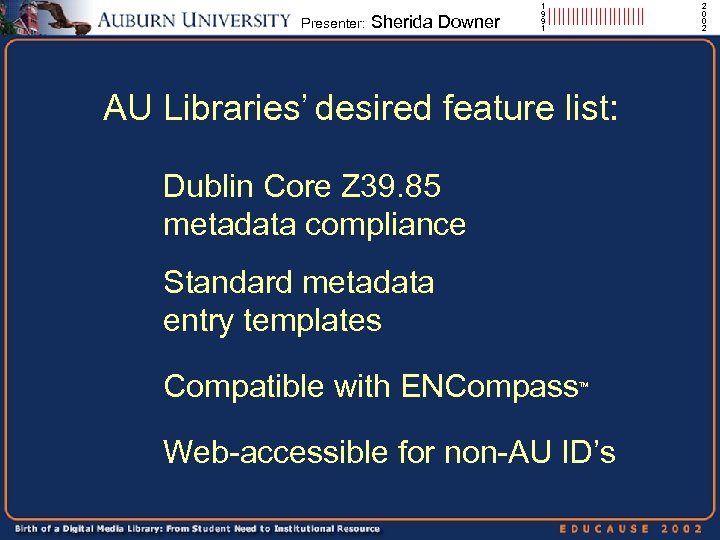 Presenter: Sherida Downer 1 9 9 1 ||||||||||| AU Libraries’ desired feature list: Dublin