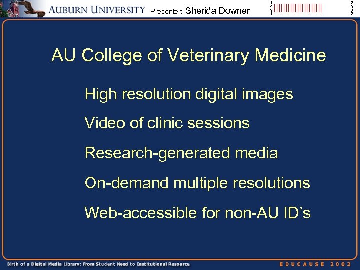 Presenter: Sherida Downer 1 9 9 1 ||||||||||| AU College of Veterinary Medicine High