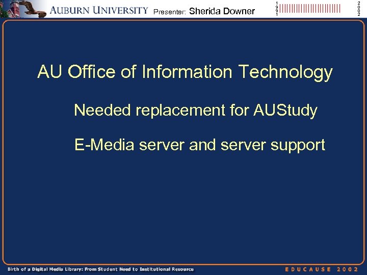 Presenter: Sherida Downer 1 9 9 1 ||||||||||||| AU Office of Information Technology Needed