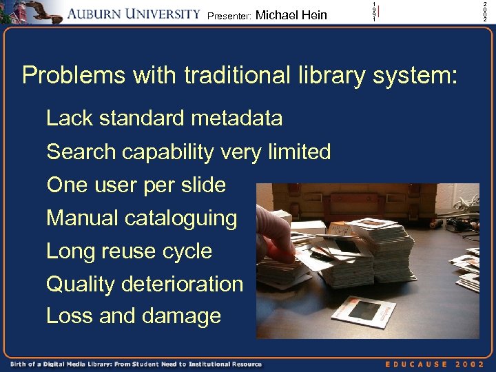 Presenter: Michael Hein 1 9 9 1 | Problems with traditional library system: Lack