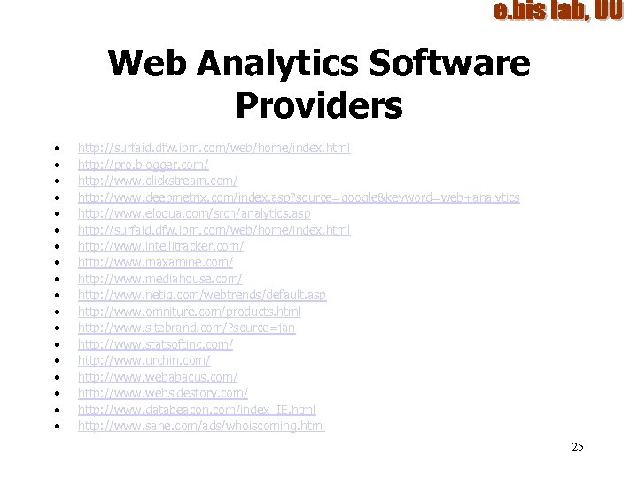 Web Analytics Software Providers • • • • • http: //surfaid. dfw. ibm. com/web/home/index.
