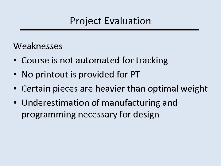 Project Evaluation Weaknesses • Course is not automated for tracking • No printout is