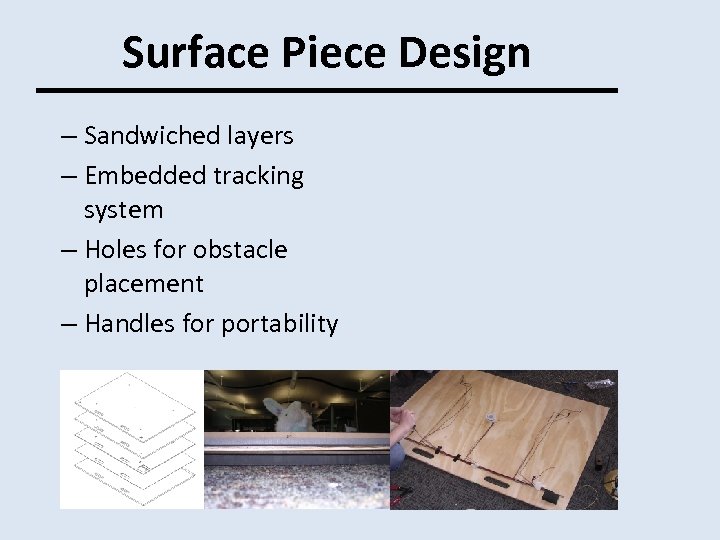 Surface Piece Design – Sandwiched layers – Embedded tracking system – Holes for obstacle