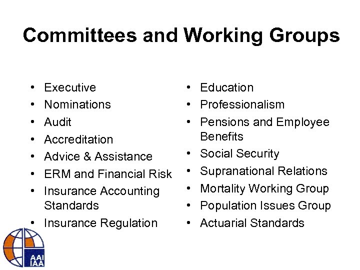 Committees and Working Groups • • Executive Nominations Audit Accreditation Advice & Assistance ERM