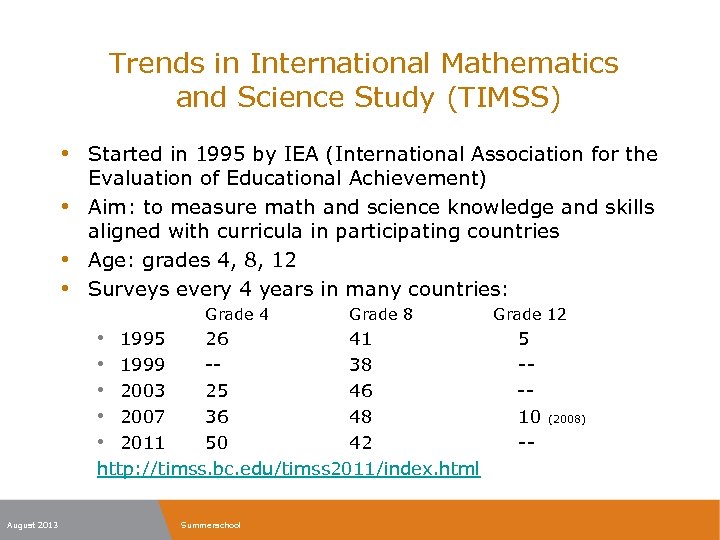 Trends in International Mathematics and Science Study (TIMSS) • Started in 1995 by IEA