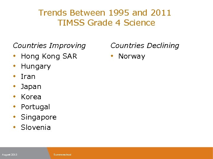 Trends Between 1995 and 2011 TIMSS Grade 4 Science Countries Improving Countries Declining •