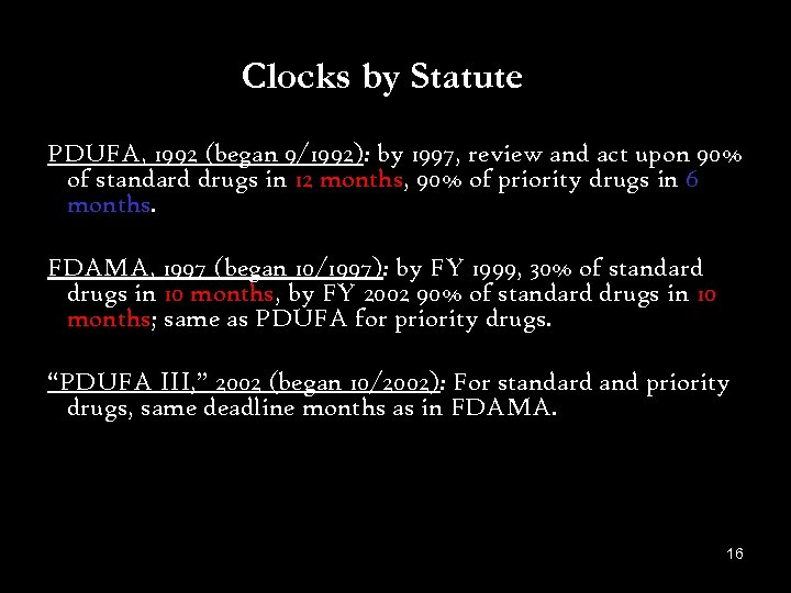 Clocks by Statute PDUFA, 1992 (began 9/1992): by 1997, review and act upon 90%