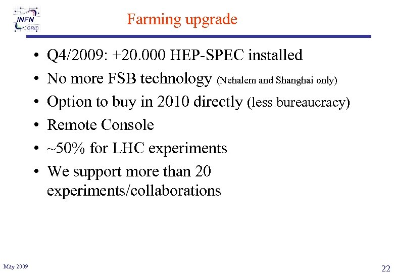 Farming upgrade • • • May 2009 Q 4/2009: +20. 000 HEP-SPEC installed No