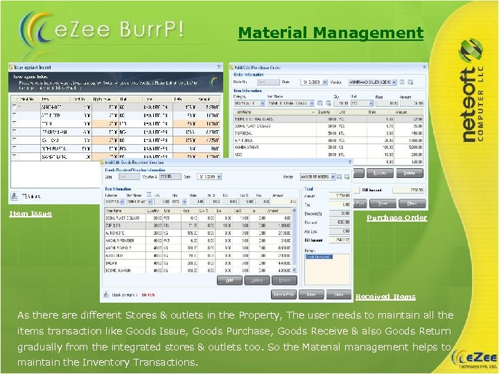 Material Management Item Issue Purchase Order Received Items As there are different Stores &