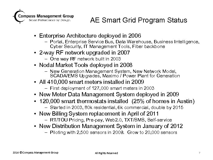 AE Smart Grid Program Status • Enterprise Architecture deployed in 2006 – Portal, Enterprise