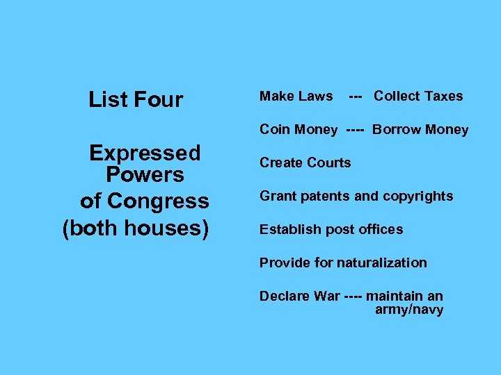List Four Make Laws --- Collect Taxes Coin Money ---- Borrow Money Expressed Powers