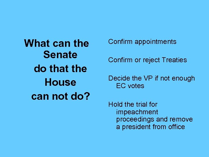 What can the Senate do that the House can not do? Confirm appointments Confirm