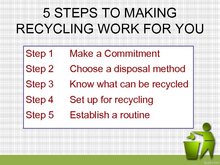 5 STEPS TO MAKING RECYCLING WORK FOR YOU Step 1 Make a Commitment Step
