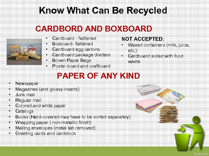 Know What Can Be Recycled CARDBORD AND BOXBOARD • • • Cardboard - flattened