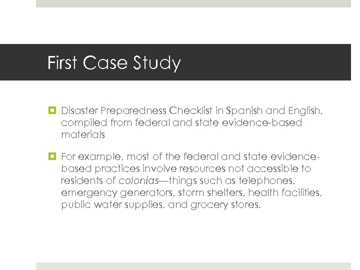 First Case Study Disaster Preparedness Checklist in Spanish and English, compiled from federal and