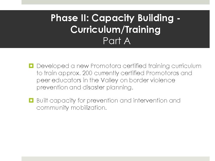 Phase II: Capacity Building Curriculum/Training Part A Developed a new Promotora certified training curriculum