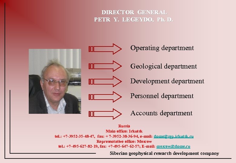 DIRECTOR GENERAL PETR Y. LEGEYDO, Ph. D. Operating department Geological department Development department Personnel