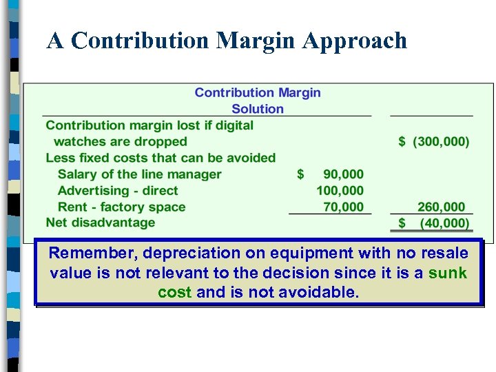 A Contribution Margin Approach Remember, depreciation on equipment with no resale value is not