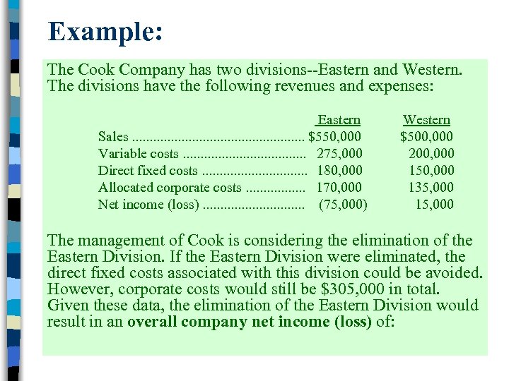 Example: The Cook Company has two divisions--Eastern and Western. The divisions have the following