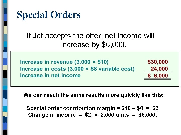 Special Orders If Jet accepts the offer, net income will increase by $6, 000.