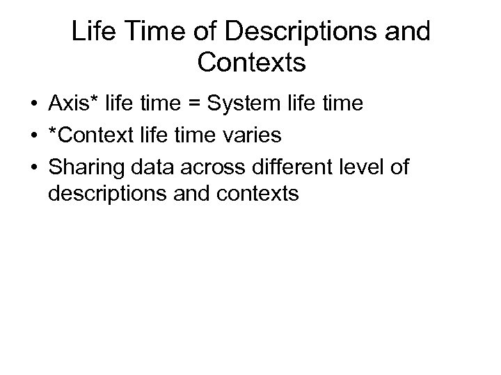 Life Time of Descriptions and Contexts • Axis* life time = System life time