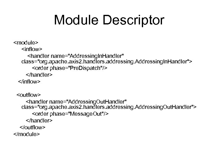 Module Descriptor <module> <inflow> <handler name="Addressing. In. Handler" class="org. apache. axis 2. handlers. addressing.