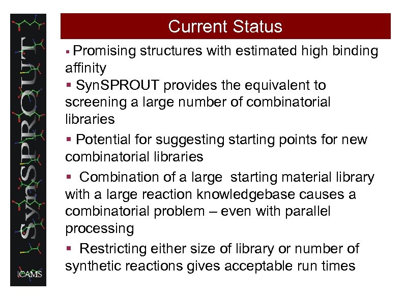 Current Status § Promising structures with estimated high binding affinity § Syn. SPROUT provides