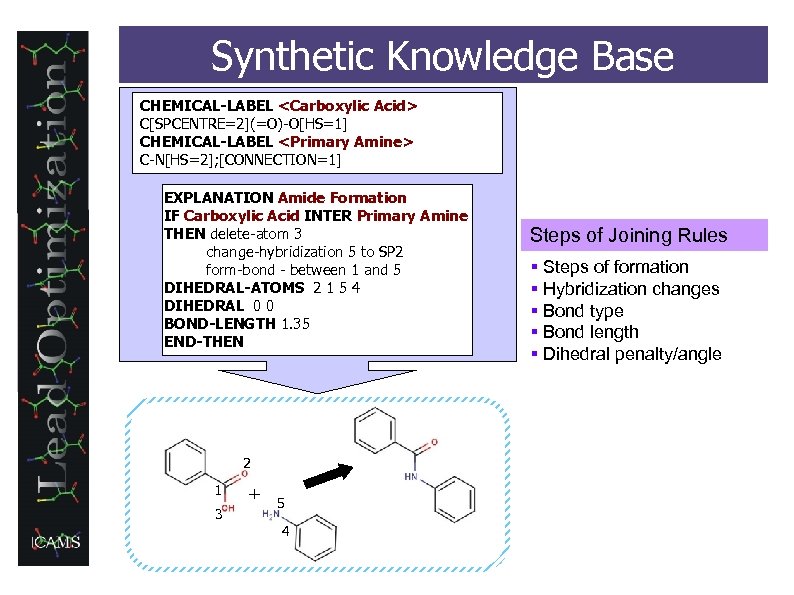 Synthetic Knowledge Base CHEMICAL-LABEL <Carboxylic Acid> C[SPCENTRE=2](=O)-O[HS=1] CHEMICAL-LABEL <Primary Amine> C-N[HS=2]; [CONNECTION=1] EXPLANATION Amide