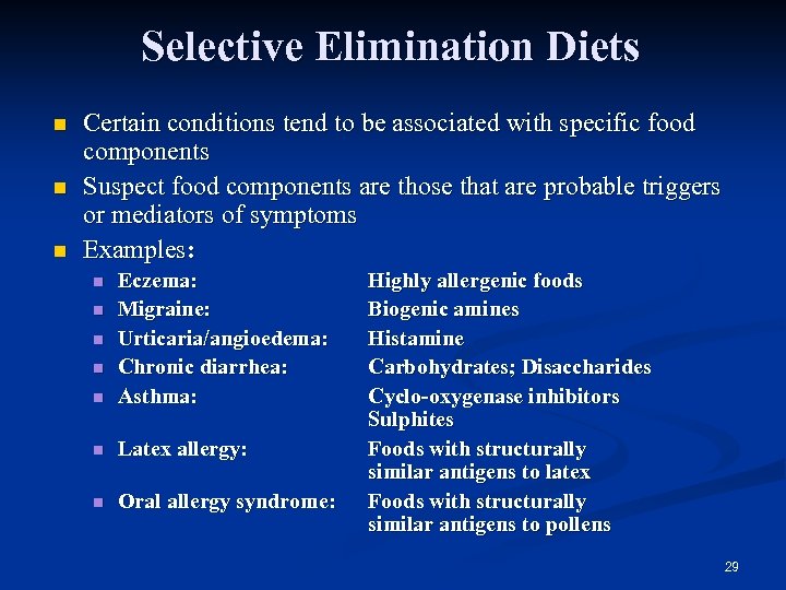 Selective Elimination Diets n n n Certain conditions tend to be associated with specific