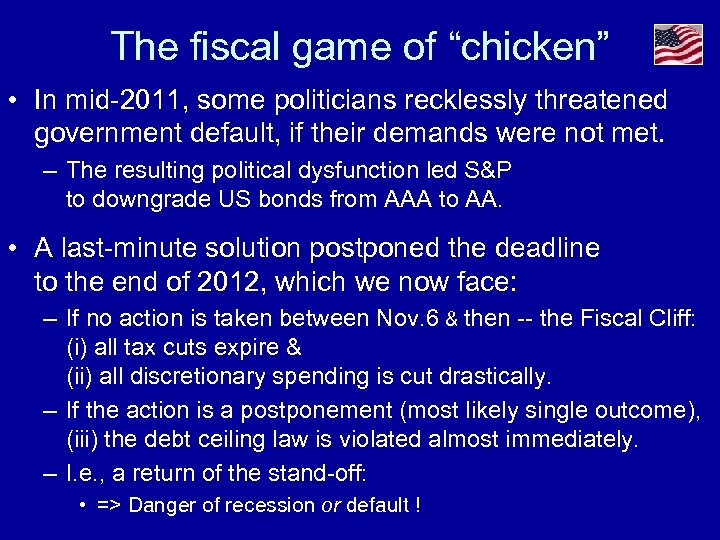 The fiscal game of “chicken” • In mid-2011, some politicians recklessly threatened government default,