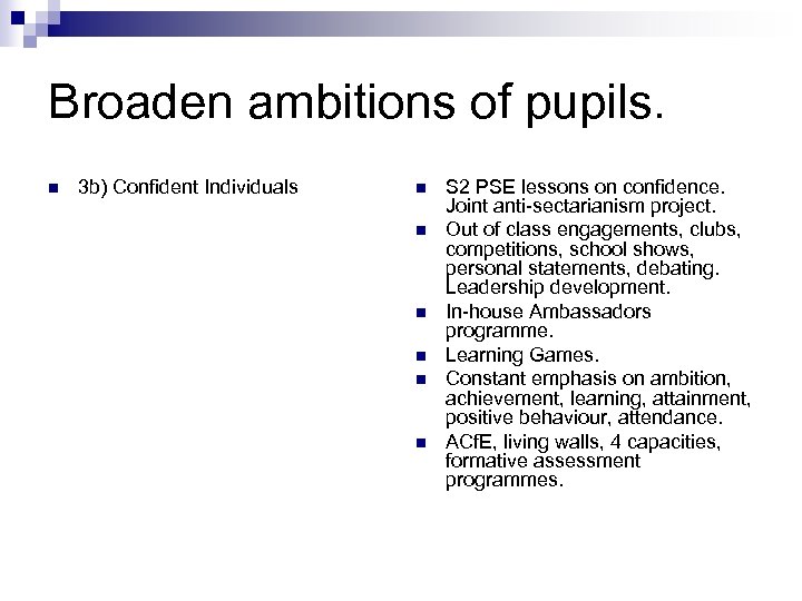 Broaden ambitions of pupils. n 3 b) Confident Individuals n n n S 2