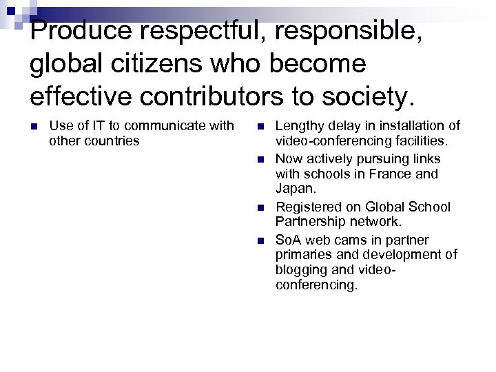 Produce respectful, responsible, global citizens who become effective contributors to society. n Use of
