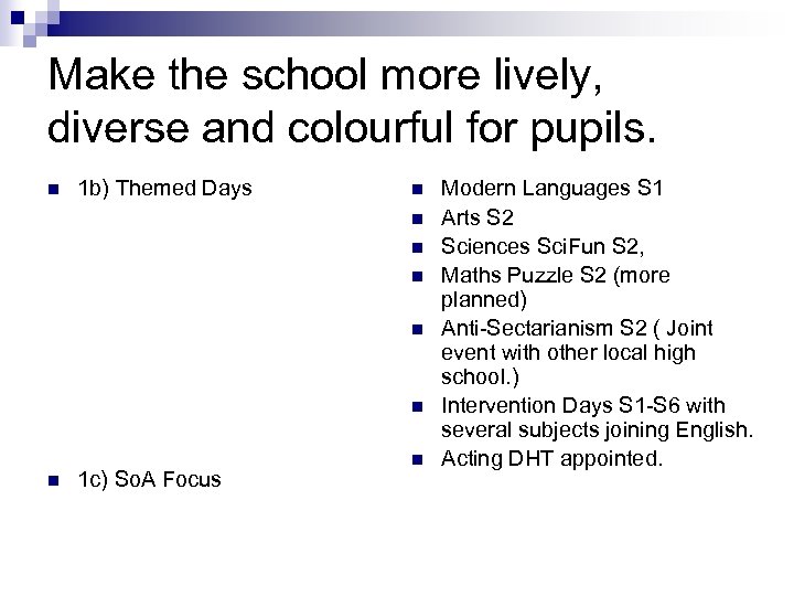 Make the school more lively, diverse and colourful for pupils. n 1 b) Themed