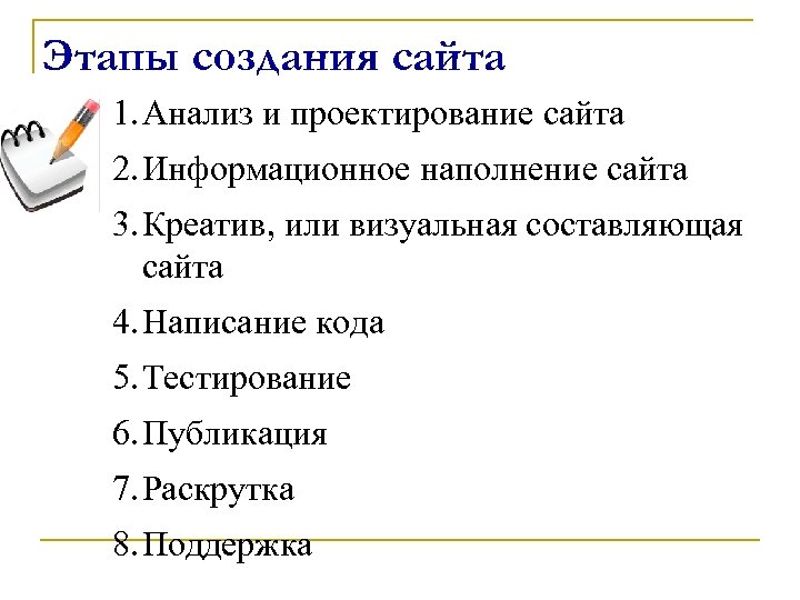 Этапы создания сайта 1. Анализ и проектирование сайта 2. Информационное наполнение сайта 3. Креатив,