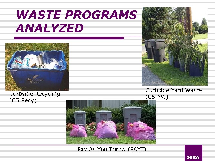 WASTE PROGRAMS ANALYZED Curbside Recycling (CS Recy) Curbside Yard Waste (CS YW) Pay As