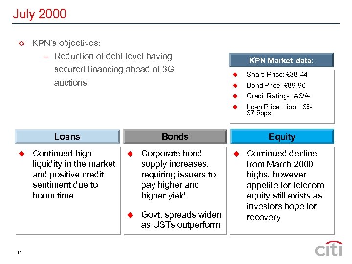 July 2000 o KPN’s objectives: – Reduction of debt level having secured financing ahead