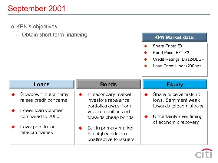September 2001 o KPN’s objectives: – Obtain short term financing KPN Market data: u