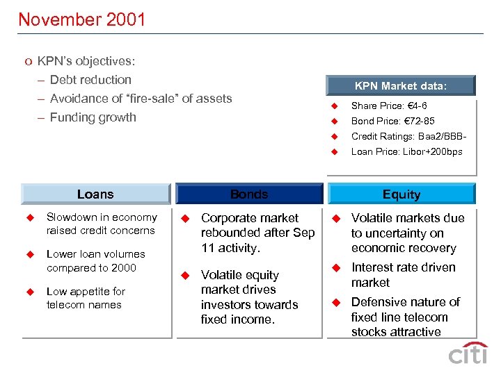 November 2001 o KPN’s objectives: – Debt reduction – Avoidance of “fire-sale” of assets
