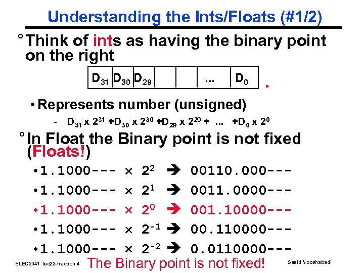 Understanding the Ints/Floats (#1/2) ° Think of ints as having the binary point on