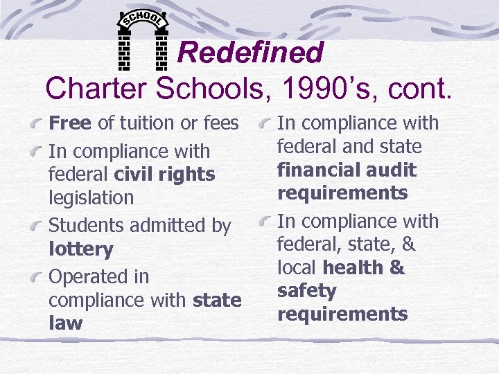Redefined Charter Schools, 1990’s, cont. Free of tuition or fees In compliance with federal