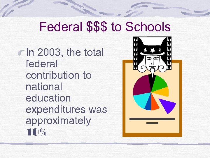 Federal $$$ to Schools In 2003, the total federal contribution to national education expenditures
